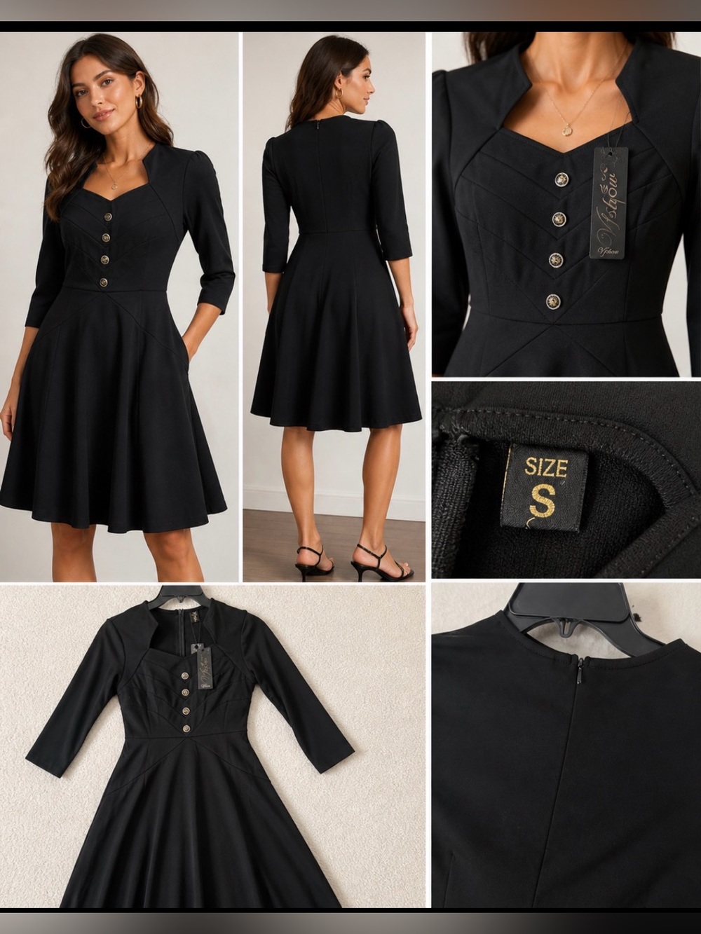 Vfshow Black Fit & Flare Dress Button Front 3/4 Sleeve Size S NWT